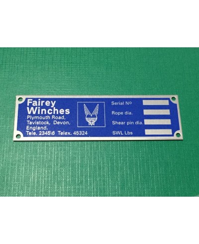 Fairey Winch Serial Number Plate (Early) FWL-PLATE-BLUE