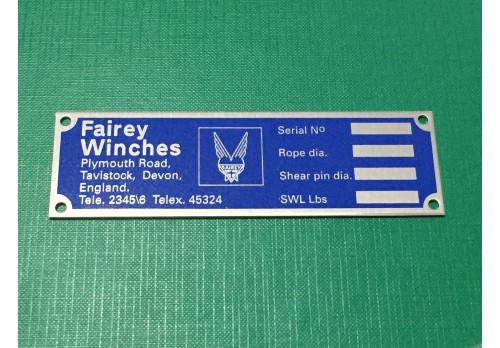 Fairey Winch Serial Number Plate (Early) FWL-PLATE-BLUE